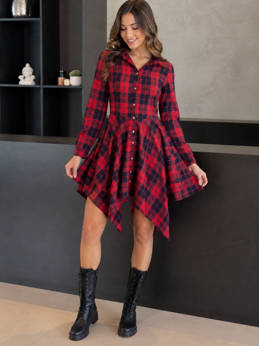 Retro Stage Red Black Plaid Tartan Shirt Dress Handkerchief Hem Long Sleeve S
